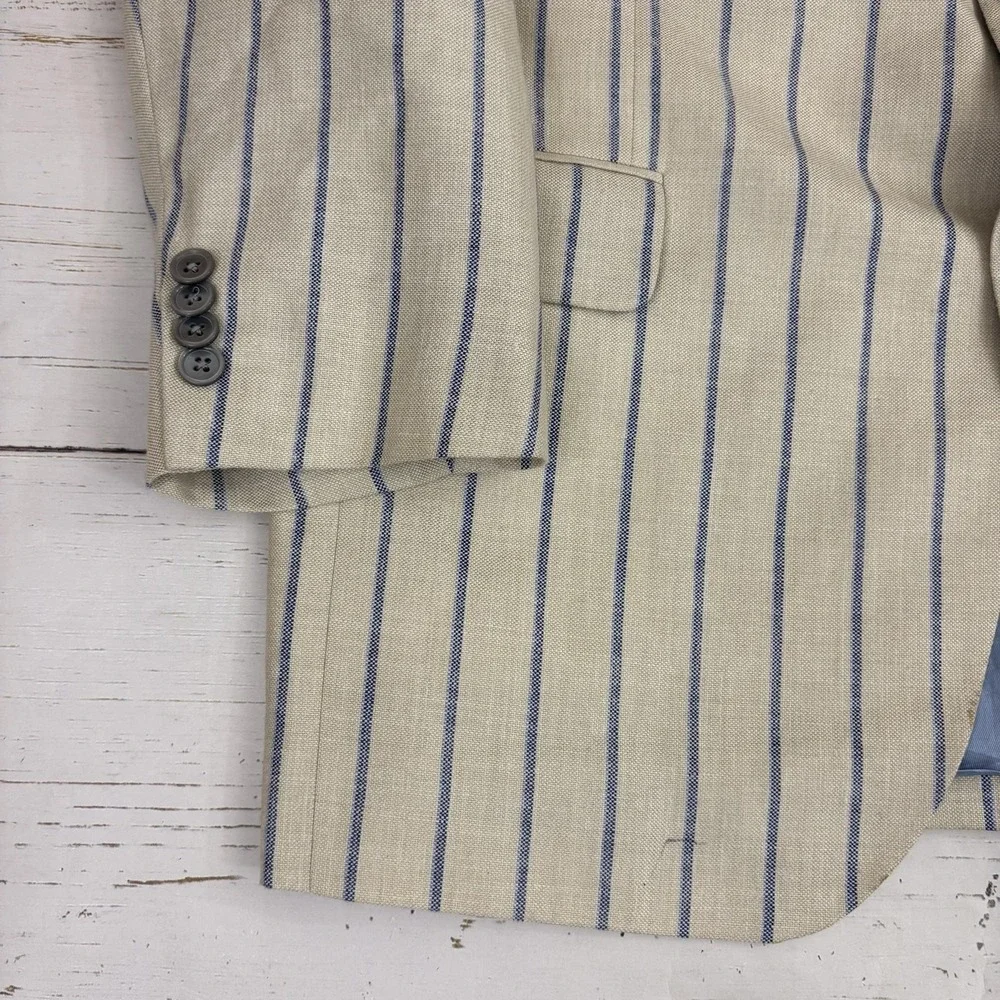 Patrick James Reserve Blazer Sport Coat Mens 44 Beige Stripe Wool Silk Linen